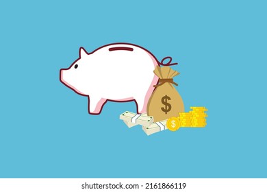 Piggy bank with coin and bag of money vector illustration. Money saving or investing icon. Piggy bank icon in flat line style, isolated from background. Banking or business service concept.