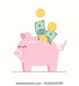 Piggy bank with coin and bill. Money with dollar coins. Income and bonus concept. piggy bank with cash concept.