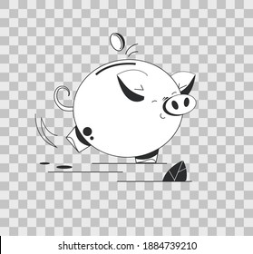 Piggy bank with coin. Black white image. Icon saving or accumulation of money, investment