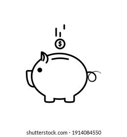 Piggy bank with coin drop down line icon in black. Savings money symbol. Simple design. Outline flat style. Financial literacy concept. Isolated on white background. Vector EPS 10.