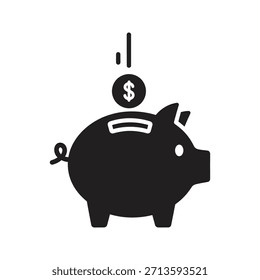 Piggy bank moeda gota ícone vetor preto sólido isolado fundo branco dinheiro poupança investimento economia riqueza símbolo design ilustração