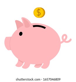 Piggy bank with coin in flat style isolated on white background. Vector illustration. 