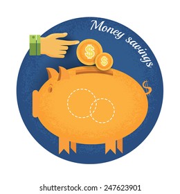 piggy bank with coin and hand pointer Vintage retro style money saving icon on blue circle background