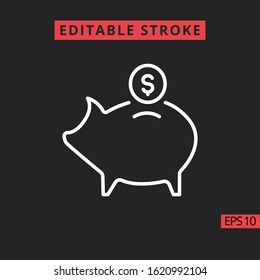 Piggy bank with coin icon. Editable stroke