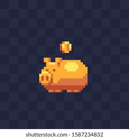 Piggy bank and coin icon. Golden money box. Pixel art style. 8-bit sprite. Design for logo, sticker and mobile app. Isolated vector illustration. 