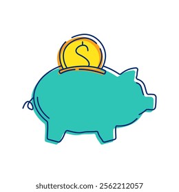 Piggy Bank with Coin Icon Illustration acommon symbol for saving money, especially for small savings or kids' savings. Perfect for financial themes, apps, or presentation.