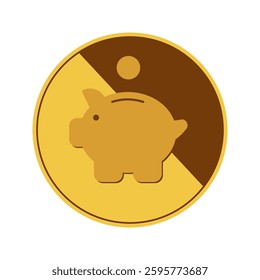 piggy bank with coin icon on shiny gold coin. Vector illustration isolated on white background.