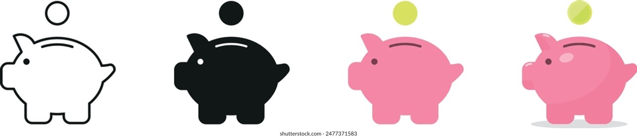 piggy bank with coin icon set in different styles.