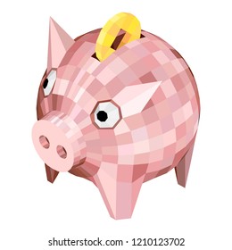 Piggy bank with a coin in low Polygons Style. Isometric Pig with a Chinese Coin. 