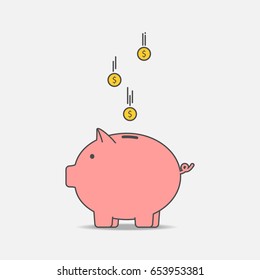 Piggy bank with coin. Money box in pig form. Concept of saving money. Vector illustration.