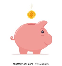 Piggy bank with coin. Money saving, economy, investment, banking or business services concept. Profit, income, earnings, budget fund Vector illustration