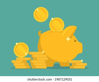 Piggy bank with coin. Money saving, economy, investment, banking or business services concept. Vector illustration. Eps 10.