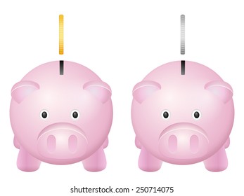 Piggy bank with coin on a white background.