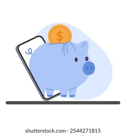 Um mealheiro com uma moeda saindo de uma tela de telefone, representando poupança digital e serviços bancários móveis