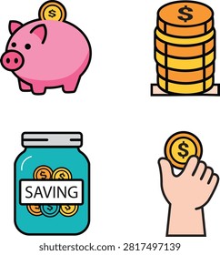 Piggy bank, coin stack, saving jar, and hand holding dollar coin vector illustration set for financial growth, investment, and money management concept.