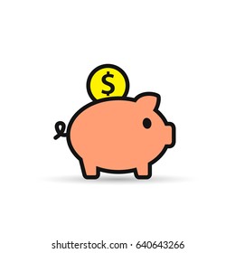 Piggy Bank with coin, vector color icon in flat style.