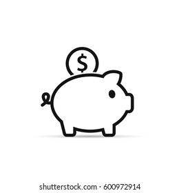Piggy Bank with coin vector icon in outline style. Line illustration.