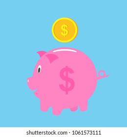 Piggy bank with coin vector illustration. Icon saving or accumulation of money, investment. Icon piggy bank in a flat style. The concept of banking or business services.