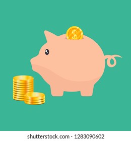 Piggy bank with coin vector illustration. Icon saving or accumulation of money, investment. Icon piggy bank in a flat style, isolated from the background. The concept of banking or business services.