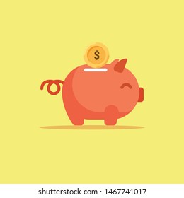 Piggy bank with coin vector illustration. Icon saving or accumulation of money, investment. Icon piggy bank in a flat style, isolated from the background. The concept of banking or business services. 