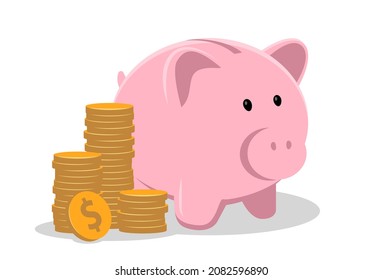 Piggy bank with coin vector illustration. Saving, investing and accumulation money. Pig in a flat style symbol banking or business services.