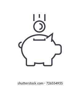 piggy bank with coin vector line icon, sign, illustration on background, editable strokes