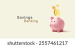 Piggy bank, coins, 3D. Realistic modern concept for banking, business, and charity. Vector illustration.