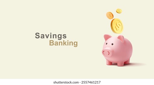 Piggy bank, coins, 3D. Realistic modern concept for banking, business, and charity. Vector illustration.