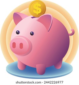 Piggy Bank with Coins and Banknotes isolated