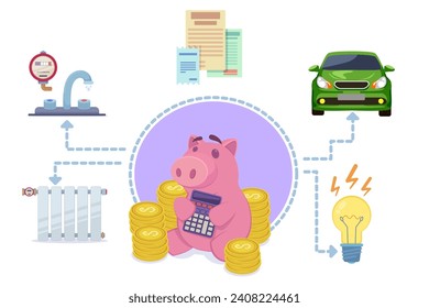Piggy bank with coins and calculator vector illustration. Expenses for transport and business ideas, food spending and utility costs. Budgeting and savings concept