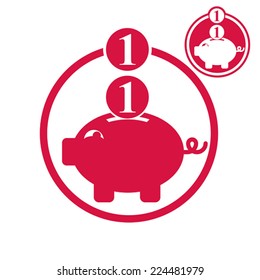 Piggy bank, coins cash money savings theme vector simple single color icon isolated on white background, includes invert version for you to choose.