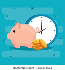 piggy bank with coins and clock vector illustration design