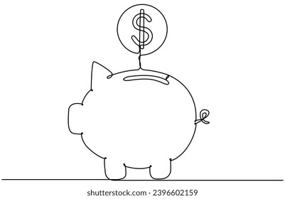 Piggy bank with coins continuous one line drawing. Saving money concept. Investment symbol. Vector hand drawn illustration isolated on white.
