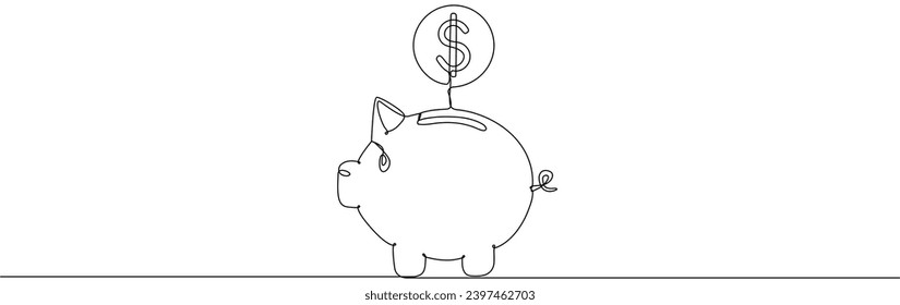 Piggy bank with coins continuous one line drawing. Saving money concept. Investment symbol. Vector hand drawn illustration isolated on white.