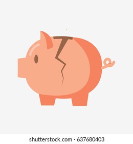 Piggy bank for coins. Cracked pig. Concept of bankrupt. Flat vector stock illustration
