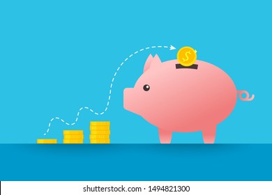Piggy bank with coins and dotted line as savings and financial growth concept. Vector illustration in flat design.