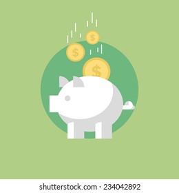 Piggy bank with coins, financial savings and banking economy, long-term deposit investment. Flat icon modern design style vector illustration concept.