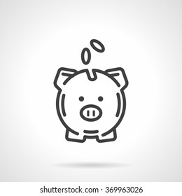 A piggy bank with coins a front view. Conceptual symbol of saving money. Banking, deposit, financial sign. Vector icon simple black line style. Single design element for website, business.