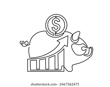 Hucha con monedas y gráfico de dibujo continuo de una línea. Concepto de ahorro. Símbolo de inversión. Vector dibujado a mano ilustración aislada en blanco.