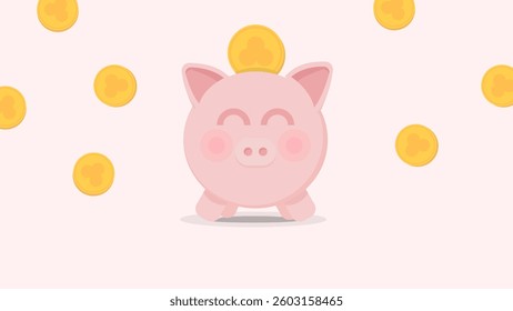 Piggy Bank with Coins Graphic: Flat Vector on Light Pink. A cheerful pink piggy bank with gold coins is centered on a light pink background, ideal for finance or savings-themed visuals