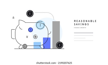 Piggy bank with coins and growing bar chart. Reasonable savings. Web banner. Modern flat illustration. Vector file.