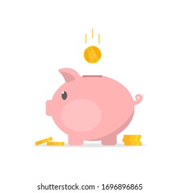 Piggy bank with coins illustration in flat style. The concept of save money or open a bank deposit