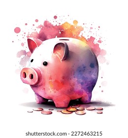 Piggy Bank and Coins - Investment Watercolor Vector hand drawn painted