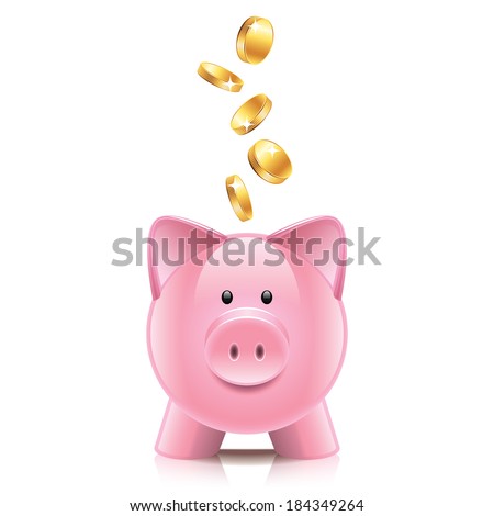 Piggy bank and coins isolated on white photo-realistic vector illustration