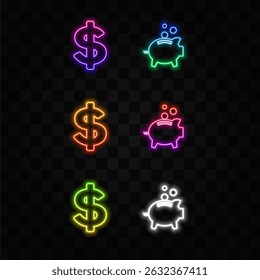 Piggy bank with coins money. neon style. dollar symbol..