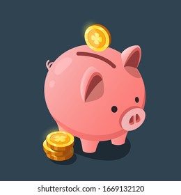 Piggy bank with coins. Pink pig in the form of a piggy bank for the game interface.