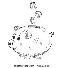 Piggy Bank With Coins Pour Into It, Hand Drawn Doodle Sketch, Isolated Vector Outline Illustration