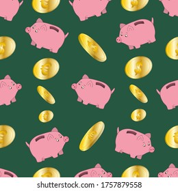 Piggy bank and coins. Seamless vector pattern. Ornament on an isolated green background. Storage finance. Coin hole. Accumulation of cash. The idea for a cover, wrapper, design. Business subjects. 
