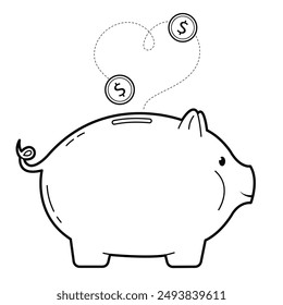 Piggy bank with coins. Simple outline illustration, isolated on white background. Design element	