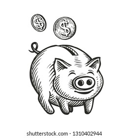 Piggy bank and coins, sketch. Moneybox, cashback, business concept. Hand drawn vector illustration